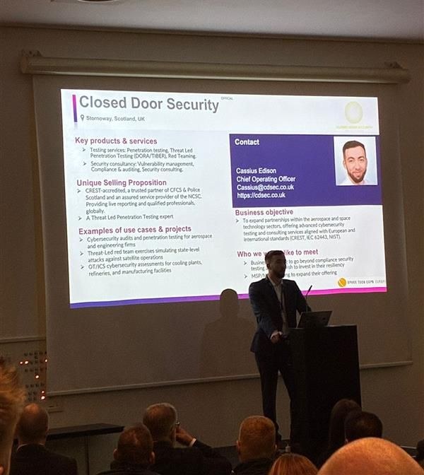 Cassius Edison presenting Closed Door Security at Space Tech Expo Europe